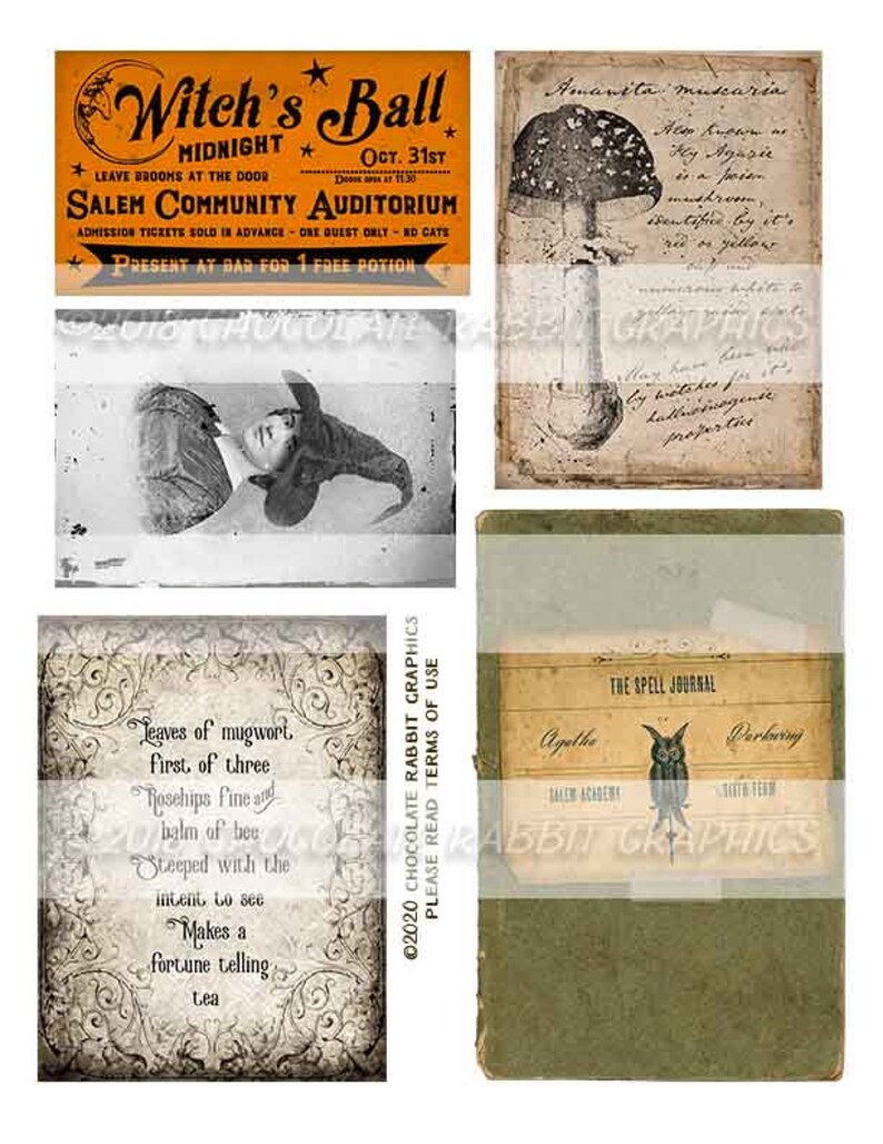 Halloween Witch Ephemera Kit, Junk Journal Digital Download, Vintage Spell Book Clip Art image 6