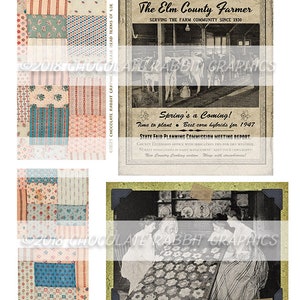 May include: A vintage newspaper clipping from The Elm County Farmer, dated 1947, with a headline that reads "Spring's a Coming!" and a subheading that reads "Time to plant - Best corn hybrids for 1947". The newspaper clipping is surrounded by a patchwork quilt design.