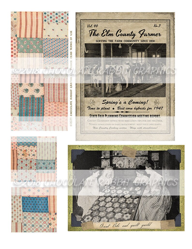 May include: A vintage newspaper clipping from The Elm County Farmer, dated 1947, with a headline that reads "Spring's a Coming!" and a subheading that reads "Time to plant - Best corn hybrids for 1947". The newspaper clipping is surrounded by a patchwork quilt design.