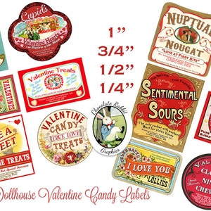 May include: A collection of 10 vintage Valentine's Day candy labels in various sizes, ranging from 1/4 inch to 1 inch. The labels feature a variety of designs, including hearts, flowers, and children. The labels are printed on white paper with red, pink, and gold accents. The labels are perfect for adding a touch of vintage charm to your Valentine's Day crafts.
