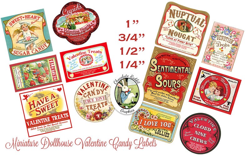 May include: A collection of 10 vintage Valentine's Day candy labels in various sizes, ranging from 1/4 inch to 1 inch. The labels feature a variety of designs, including hearts, flowers, and children. The labels are printed on white paper with red, pink, and gold accents. The labels are perfect for adding a touch of vintage charm to your Valentine's Day crafts.