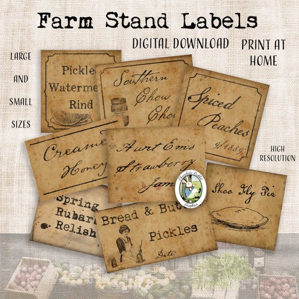 Country Farm Stand Labels, Market Digital Download, Printable Journal, Scrapbook Ephemera, Vintage Style