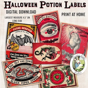 Vintage Style Halloween Potion Bottle Labels, Witch Potions, Instant Digital Download, Halloween Tags, Vintage Clipart