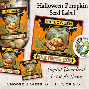 Etiquetas de semillas de calabaza mágicas de Halloween, estilo vintage, descarga digital, etiquetas para golosinas de fiesta, etiquetas de recuerdo de fiesta, imágenes prediseñadas para álbum de recortes