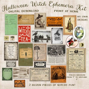 Halloween Witch Ephemera Kit, Junk Journal Digital Download, Vintage Spell Book Clip Art