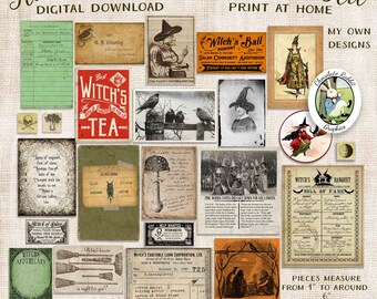 Halloween Witch Ephemera Kit, Junk Journal Digital Download, Vintage Spell Book Clip Art