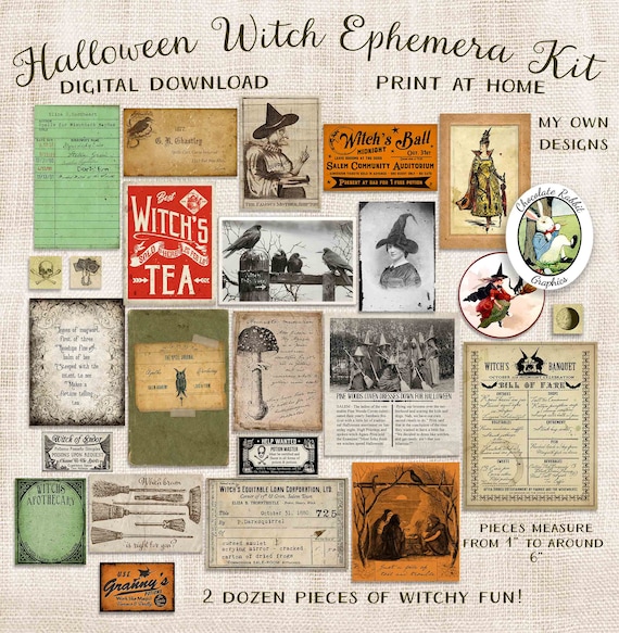 Halloween Witch Ephemera Kit, Junk Journal Digital Download, Vintage Spell Book Clip Art