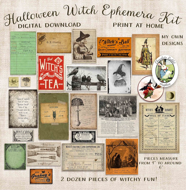 Halloween Witch Ephemera Kit, Junk Journal Digital Download, Vintage Spell Book Clip Art image 1