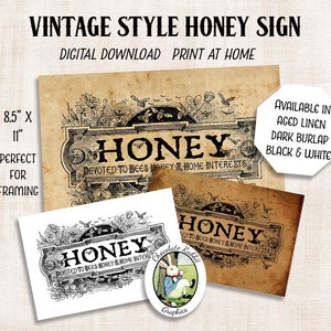 Puede incluir: Señal de miel de estilo vintage imprimible en blanco y negro, lino envejecido o arpillera oscura. La señal presenta un borde decorativo con abejas y flores y el texto "Honey Devoted to Bees Honey & Home Interests".