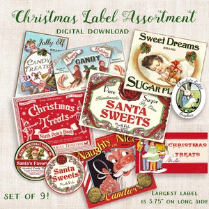 Christmas Treat Labels, Digital Vintage Style Christmas Tags, Printable Holiday Cookie Swap Labels, Santa Clip Art, Junk Journal Clipart