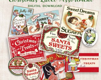 Christmas Treat Labels, Digital Vintage Style Christmas Tags, Printable Holiday Cookie Swap Labels, Santa Clip Art, Junk Journal Clipart