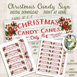 Christmas Sign, Candy Cane Tags, Printable Christmas Candy Labels, Digital Christmas Clipart, Rustic Christmas, Vintage Christmas Sign