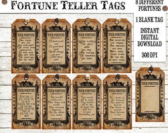 May include: Eight vintage-style fortune teller tags with black and white text on a brown background. The tags feature different fortunes, such as "New friend, new job, new something?" and "Successful endeavors may keep you awake".