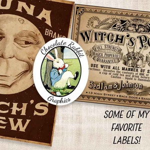 May include: A vintage-style label design featuring a cartoon moon face with the text "Luna Brand Witch's Brew". A separate circular label features a white rabbit in a blue vest and bow tie sitting under a tree with the text "Chocolate Rabbit Graphics".