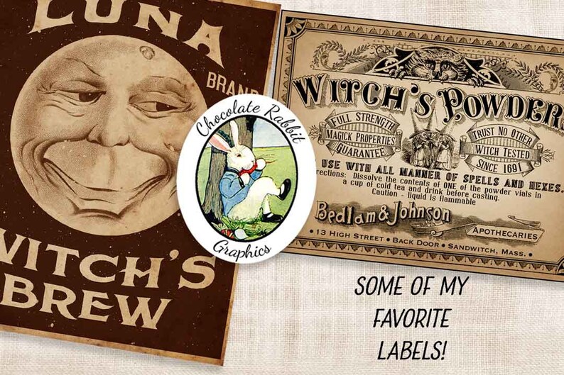 May include: A vintage-style label design featuring a cartoon moon face with the text "Luna Brand Witch's Brew". A separate circular label features a white rabbit in a blue vest and bow tie sitting under a tree with the text "Chocolate Rabbit Graphics".