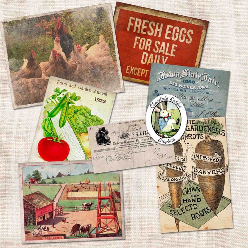 May include: A collage of vintage images related to farming and gardening. The top image shows a group of chickens in a green field. The bottom left image shows a farm scene with a red barn and a well. The bottom right image shows a packet of seeds for improved Danvers carrots. The text on the images includes "Farm and Garden Annual 1922", "Fresh Eggs For Sale Daily", "Iowa State Fair 1888", "Chocolate Rabbit Graphics", and "The Gardeners Carrots".