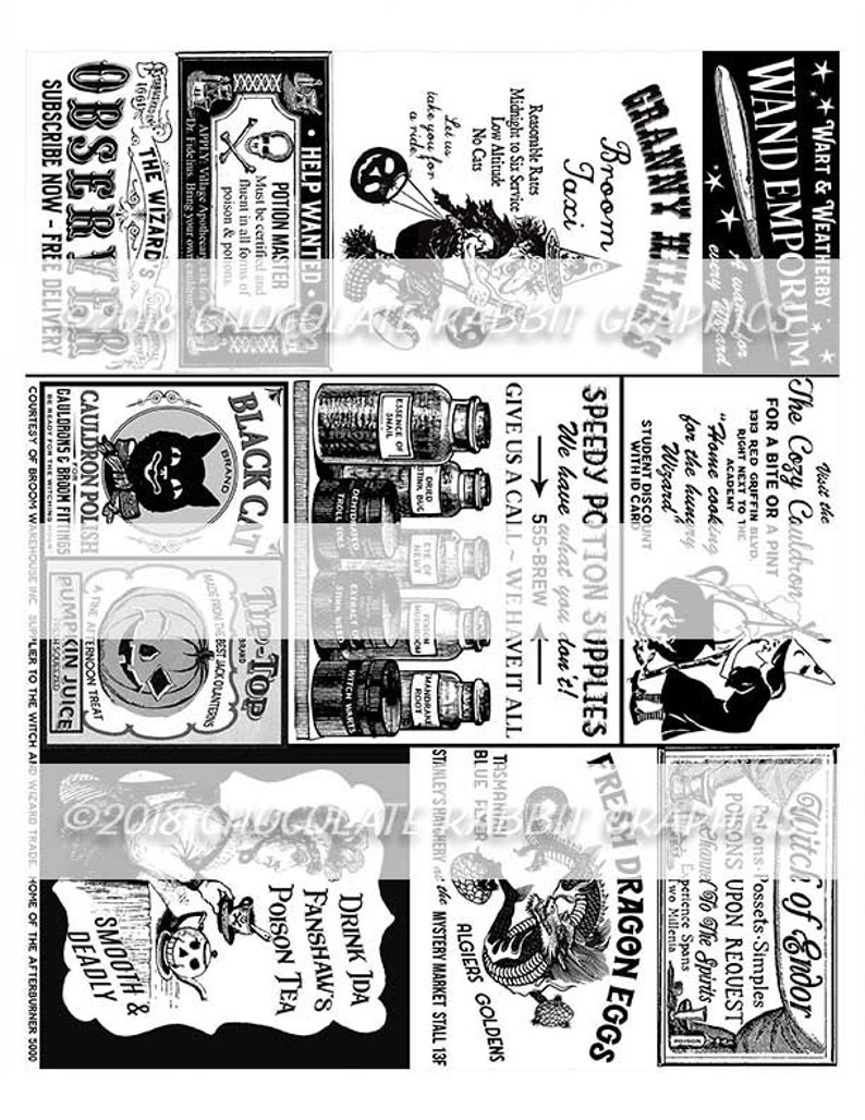 Halloween Witch Advertisement Sheet, Halloween Junk Journal Ephemera, Scrapbook Clip Art, Wizard Party Placemat image 5