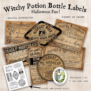 May include: A set of printable Halloween potion bottle labels featuring vintage-style designs with text like "Deadly Nightshade", "Midnight Moon", "Black Magic Broth", and "Grannie's Aspic". The labels are designed to be printed at home and are between 3 and 4 inches on the long side.