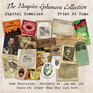 May include: A digital download collection of vintage-style images themed around vampires. The images include illustrations of bats, garlic, and a vampire repellent bottle. The collection also includes text such as "Hotel Dracula", "Vampire Bat", and "Vampire Repellent".