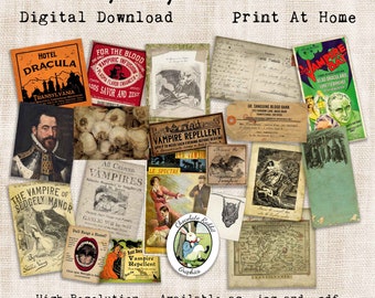 Vampire Halloween Clip Art, Digital Vintage Style Junk Journal Ephemera, Printable Image Sheet