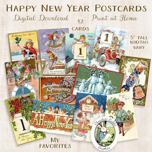 Cartões postais vintage de ano novo, cartões vitorianos para impressão, etiquetas digitais de ano novo, folha de colagem, transferências de imagens, clipart vintage de ano novo
