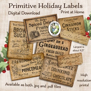 Primitive Christmas Pantry Labels, Digital Download, Country Vintage Holiday Kitchen Clip Art to Print