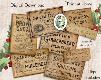 Primitive Christmas Pantry Labels, Digital Download, Country Vintage Holiday Kitchen Clip Art to Print