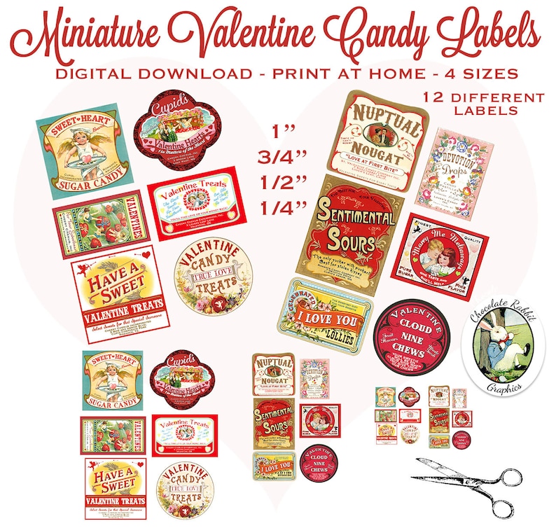 May include: Twelve printable Valentine's Day candy labels in four sizes: 1 inch, 3/4 inch, 1/2 inch, and 1/4 inch. The labels feature vintage-inspired designs with red, white, and gold accents. Some labels have hearts, flowers, and text like "Sweet-Heart Sugar Candy", "Cupids Valentine Hearts", "Nuptual Nougat", "Sentimental Sours", "Valentine Cloud Nine Chews", and "Have a Sweet Valentine Treats".