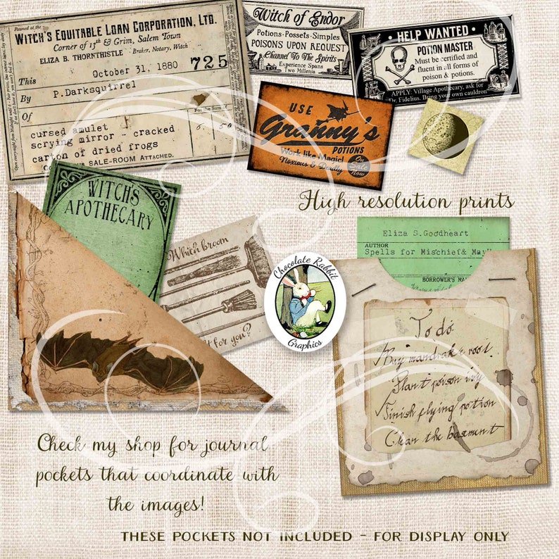 Halloween Witch Ephemera Kit, Junk Journal Digital Download, Vintage Spell Book Clip Art image 4