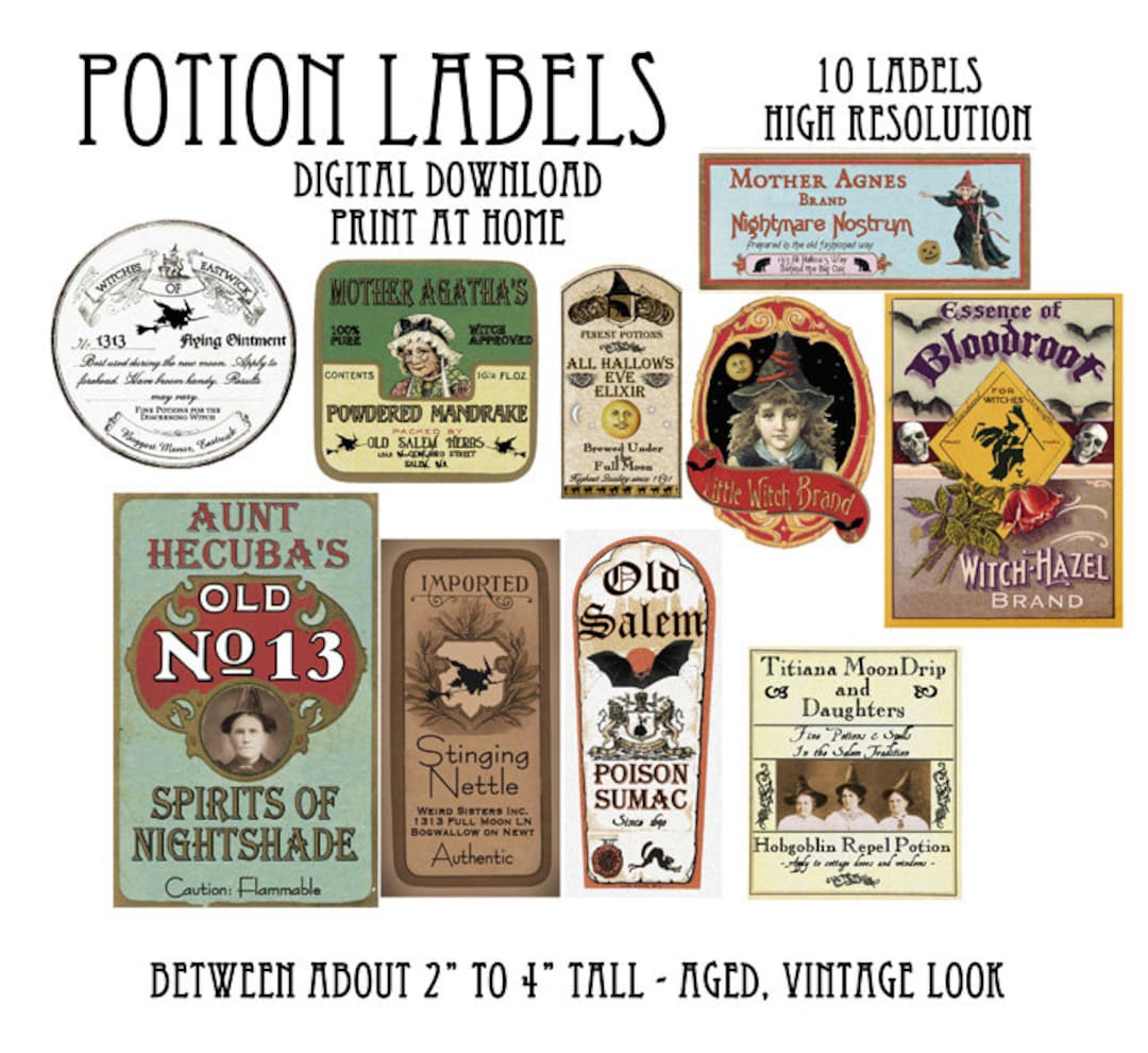 Vintage Halloween Witch Potion Bottle Labels Digital Download Printable