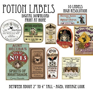 May include: Ten printable potion bottle labels in a vintage style with a witchy theme. The labels feature illustrations of witches, bats, and other spooky imagery. The labels are designed to be printed at home and are approximately 5 to 10 cm tall.