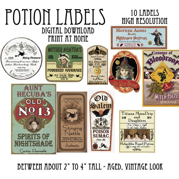 Vintage Halloween Witch Potion Bottle Labels Digital Download Printable Apothecary Clip Art Scrapbook Images