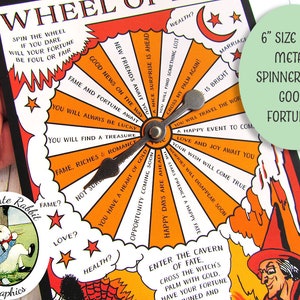 May include: A 15cm fortune teller wheel with a metal spinner. The wheel has a colourful design with orange, red, and black accents. The wheel has a variety of fortune telling phrases, such as "You will find a treasure" and "A happy event to come."