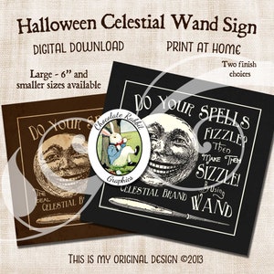 Sinal de varinha de bruxa de Halloween, download digital, anúncio de assistente de estilo vintage, coisas efêmeras de bruxa para impressão