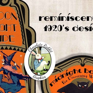 May include: A vintage-style illustration of a witch flying on a broomstick with stars in the background. The text "MOON LIGHT RIDE" is in a decorative font on an orange background. The text "Brand" is below the illustration. The image is reminiscent of 1920's design.