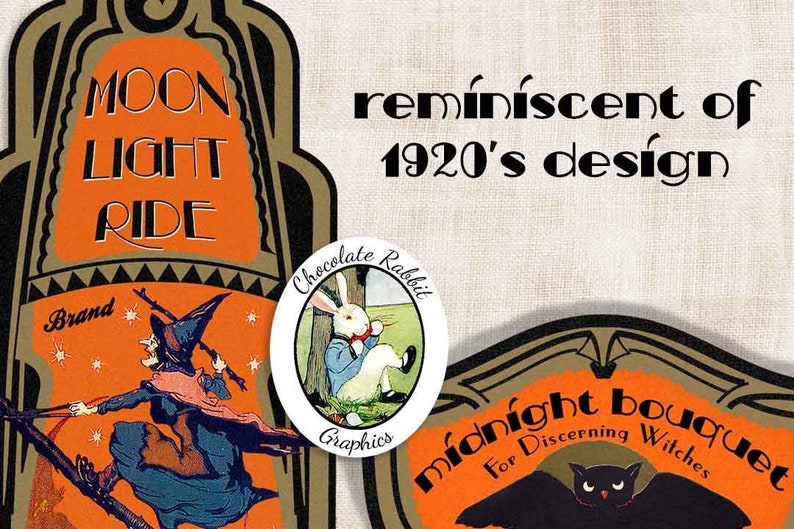 May include: A vintage-style illustration of a witch flying on a broomstick with stars in the background. The text "MOON LIGHT RIDE" is in a decorative font on an orange background. The text "Brand" is below the illustration. The image is reminiscent of 1920's design.