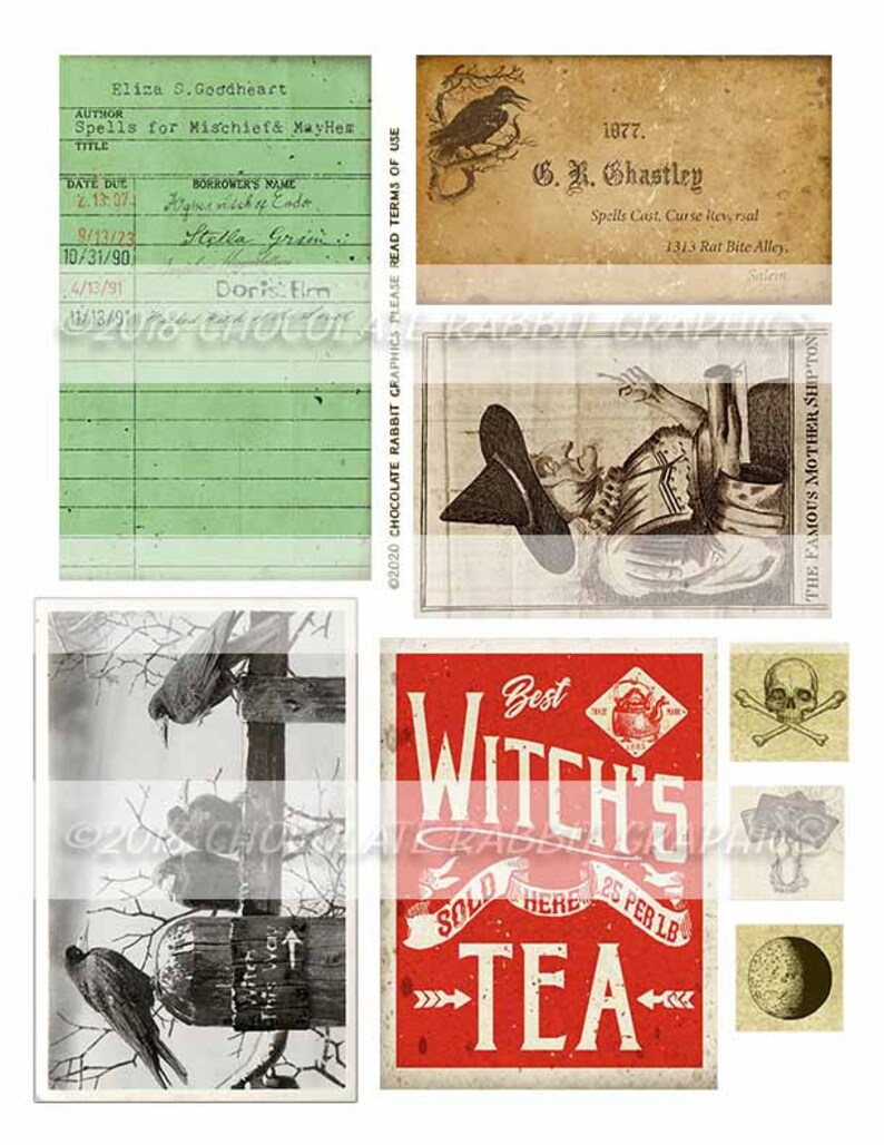 Halloween Witch Ephemera Kit, Junk Journal Digital Download, Vintage Spell Book Clip Art image 5