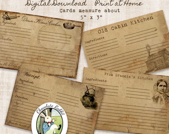 Vintage Country Style Recipe Cards, Digital Download, Primitive Junk Journal Ephemera, Scrapbook Clip Art