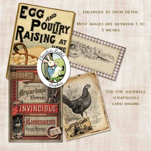 May include: A collection of vintage illustrations featuring a chocolate rabbit, eggs, a hen, and a steam horse power engine. The images are perfect for scrapbooking, card making, and journaling.