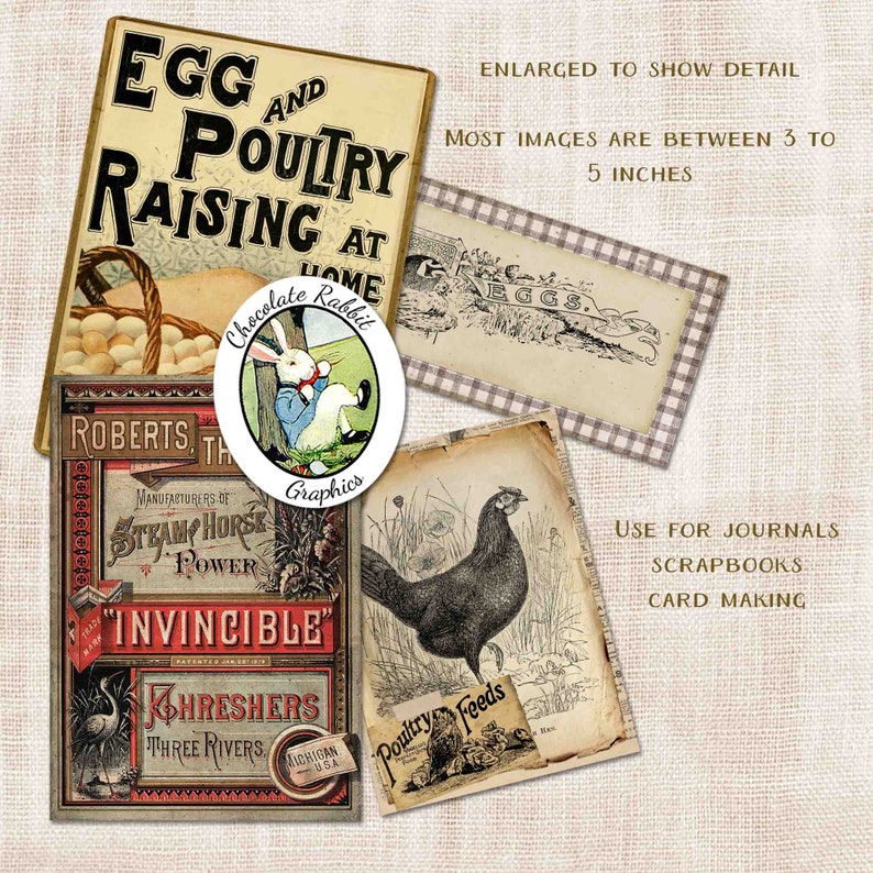 May include: A collection of vintage illustrations featuring a chocolate rabbit, eggs, a hen, and a steam horse power engine. The images are perfect for scrapbooking, card making, and journaling.