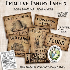 Digital Country Store Labels, Primitive Pantry Labels, Printable Primitive Tags, Vintage Pantry Labels, Image Transfers