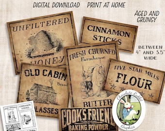 Digital Country Store Labels, Primitive Pantry Labels, Printable Primitive Tags, Vintage Pantry Labels, Image Transfers