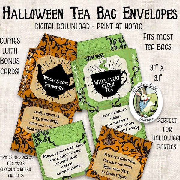 Halloween Tea Bag Envelopes, Printable Witch Tea Bag Covers, Tea Party Favors, Instant Digital Download, Comes With Bonus!