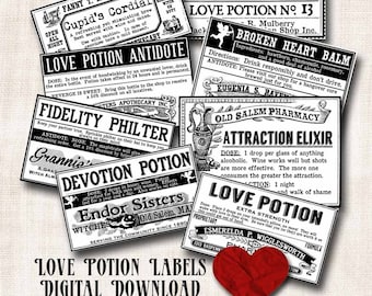 Puede incluir: Un conjunto de 10 etiquetas de poción de amor imprimibles, cada una con un diseño y texto vintage. Las etiquetas son en blanco y negro con un corazón rojo en la esquina inferior derecha. Las etiquetas tienen entre 10,8 cm y 9,5 cm de ancho.