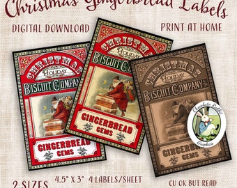 Könnte beinhalten: Drei druckbare Weihnachts-Lebkuchen-Etiketten mit Vintage-Illustrationen von Weihnachtsmann und Lebkuchenhaus. Die Etiketten sind in Rot, Braun und Gold mit dem Text "Christmas Holiday Biscuit Company Gingerbread Gems".