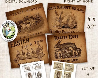 Primitive Easter Labels, Printable Country Store Easter, Digital Easter Tags, Vintage Labels, Vintage Easter Rabbit Clipart, Image Transfer