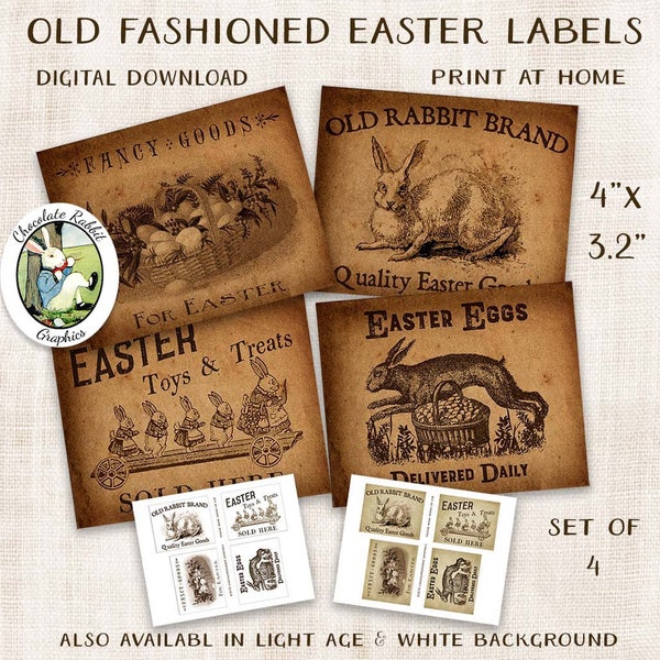 Primitive Easter Labels, Printable Country Store Easter, Digital Easter Tags, Vintage Labels, Vintage Easter Rabbit Clipart, Image Transfer