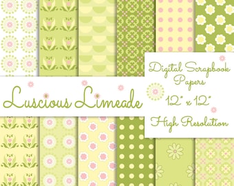 Green Yellow Pink Digital Scrapbook Paper Pack Printable Instant Download Background Papers Collage Sheet