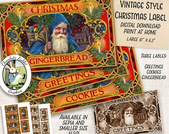Christmas Cookie Labels, Digital Gingerbread Santa Tags, Vintage Style Holiday Printable