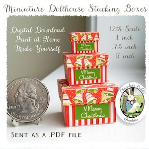 Dollhouse Miniature Christmas Box Set, Digital Download Printable Paper Craft Pattern, Mini 12th Scale Boxes, Tutorial Included